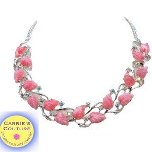 Vintage 1950s Rhodium Plated Pink Tutti Frutti Leaf Necklace
